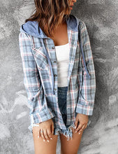 Load image into Gallery viewer, BLUE HOODED PLAID SHACKET
