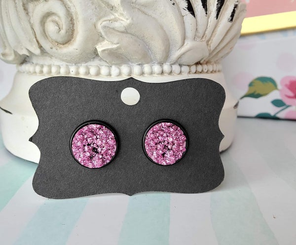 ROSE PINK GLITTER Black Bezel Druzy Earrings