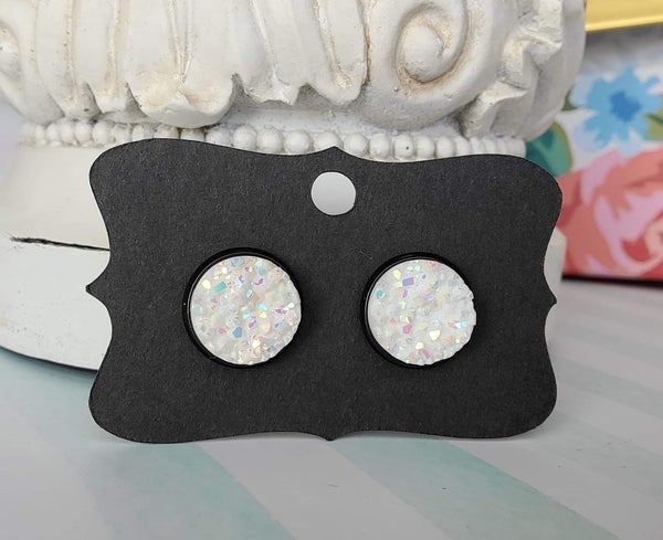 WHITE CONFETTI Black Bezel Druzy Earrings